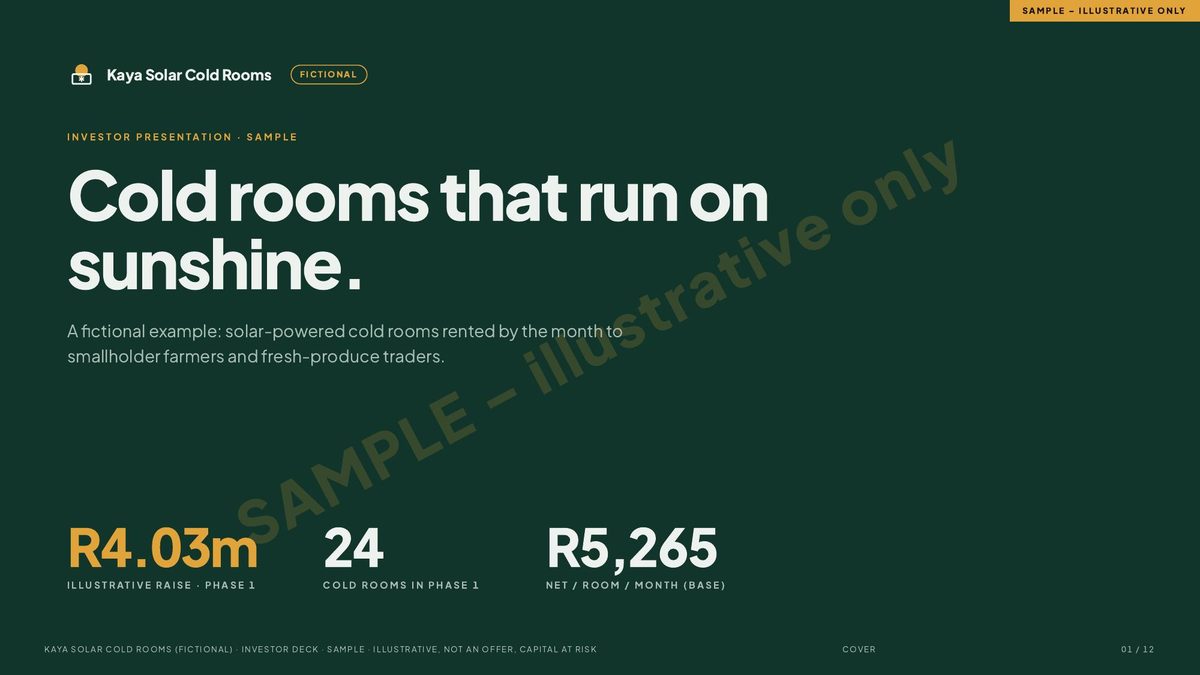 Cover slide of our sample investor deck for a fictional solar cold-room company.