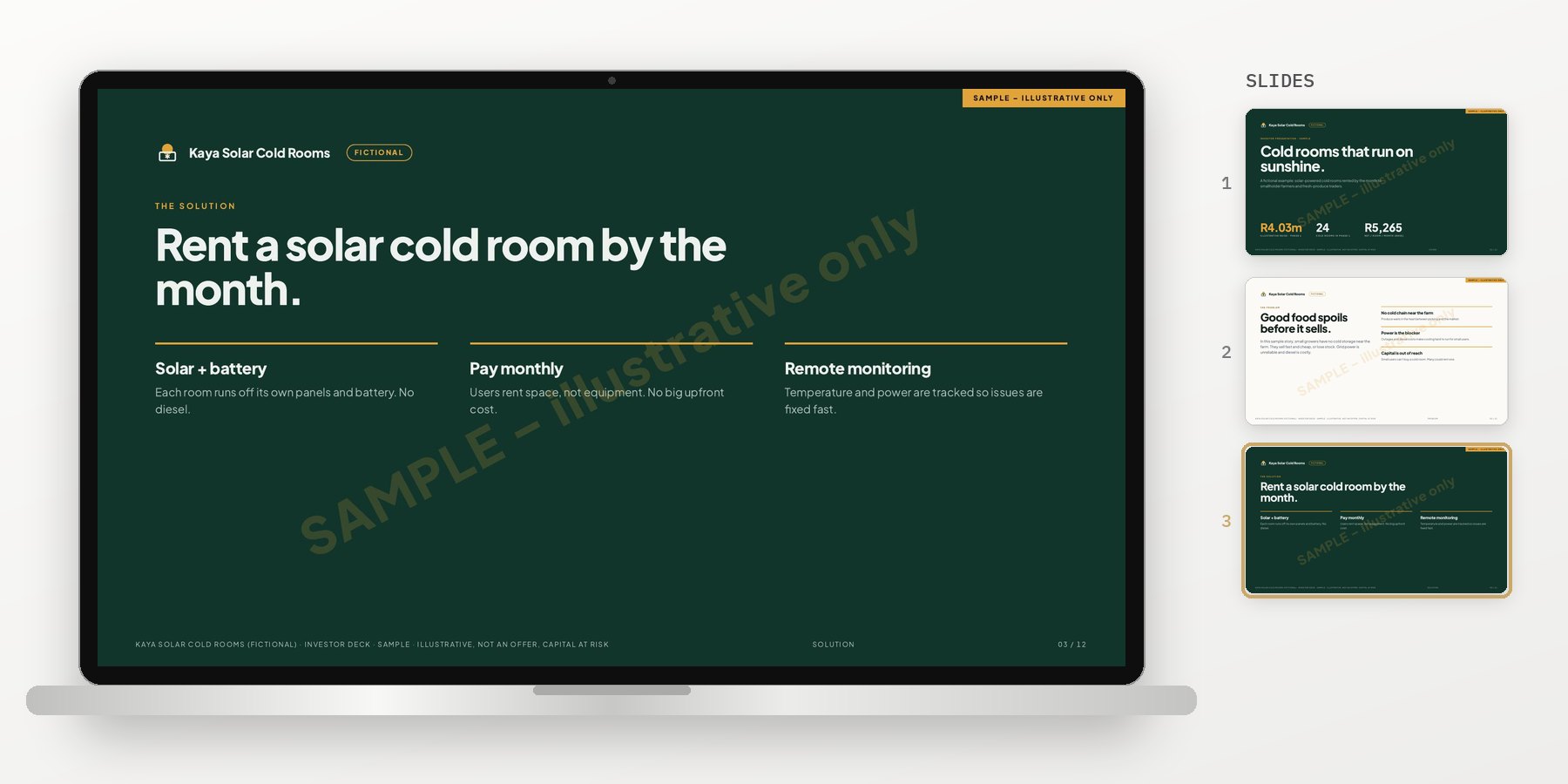 Our sample investor deck for a fictional solar cold-room company, open on a laptop with the slide list beside it.