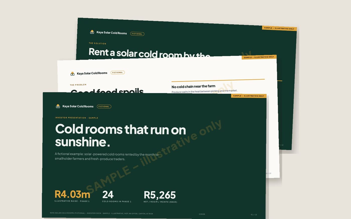 Three printed slides from the sample pitch deck, stacked.
