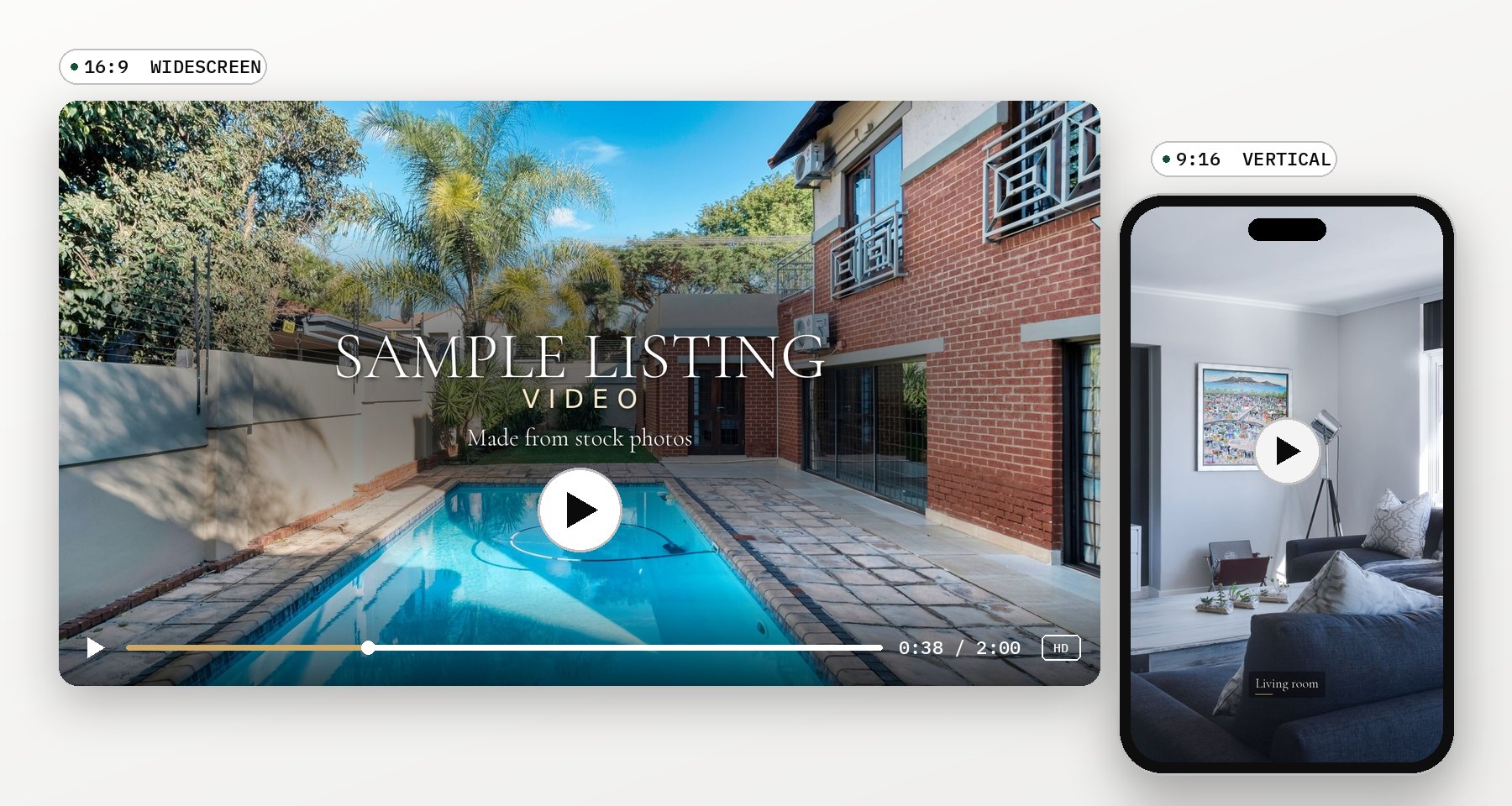A sample listing video frame in a widescreen player with a play button, next to the vertical version on a phone.