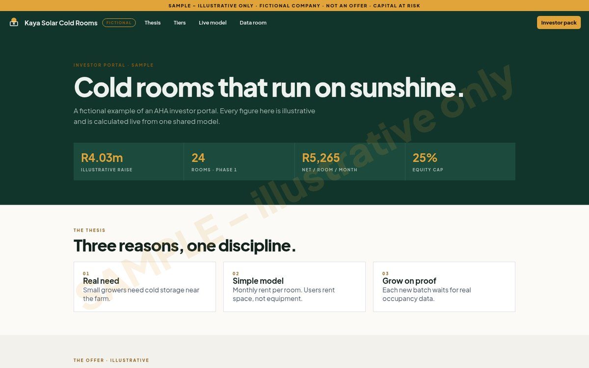 The sample investor portal with headline figures for the fictional company.