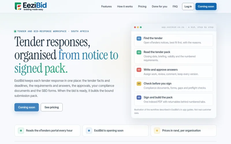 Screenshot of the EeziBid homepage with the headline &lsquo;Tender responses, organised from notice to signed pack.&rsquo;