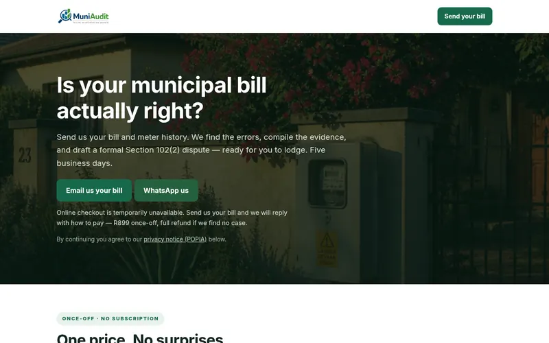 Screenshot of the MuniAudit homepage with the headline &lsquo;Is your municipal bill actually right?&rsquo;