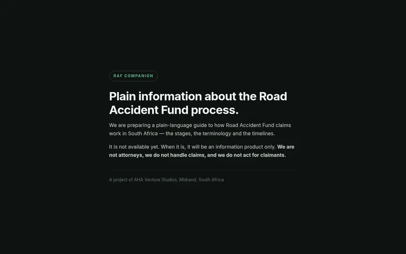 Screenshot of the RAF Companion holding page: &lsquo;Plain information about the Road Accident Fund process.&rsquo;