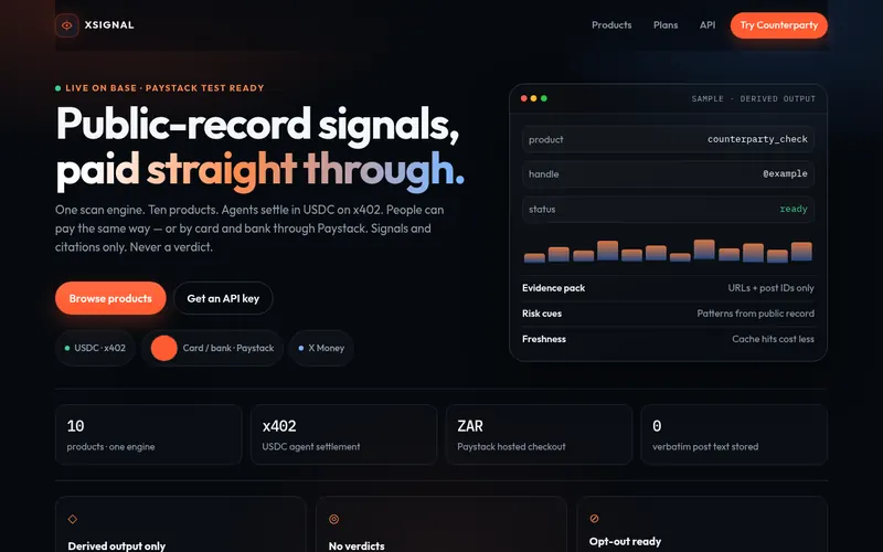 Screenshot of the XSignal homepage with the headline &lsquo;Public-record signals, paid straight through.&rsquo;